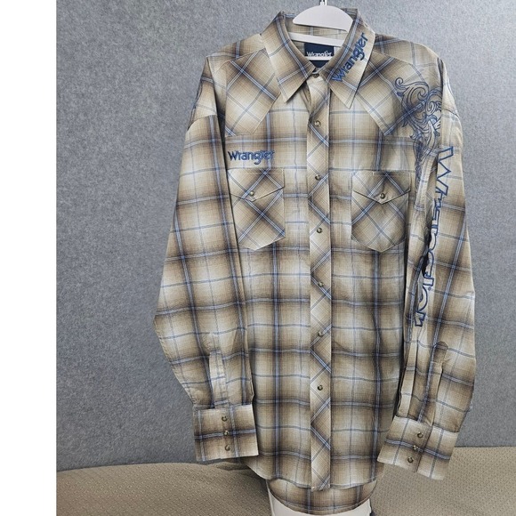 Wrangler Other - Wrangler Mens Plaid Western Pearl Snap Shirt Embroidered Rodeo Tan Blue L